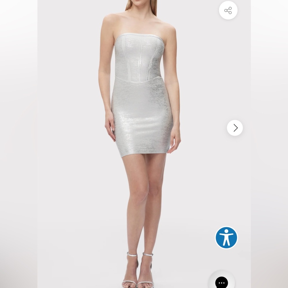 Herve Leger Strapless Silver Metallic Bandage Dress